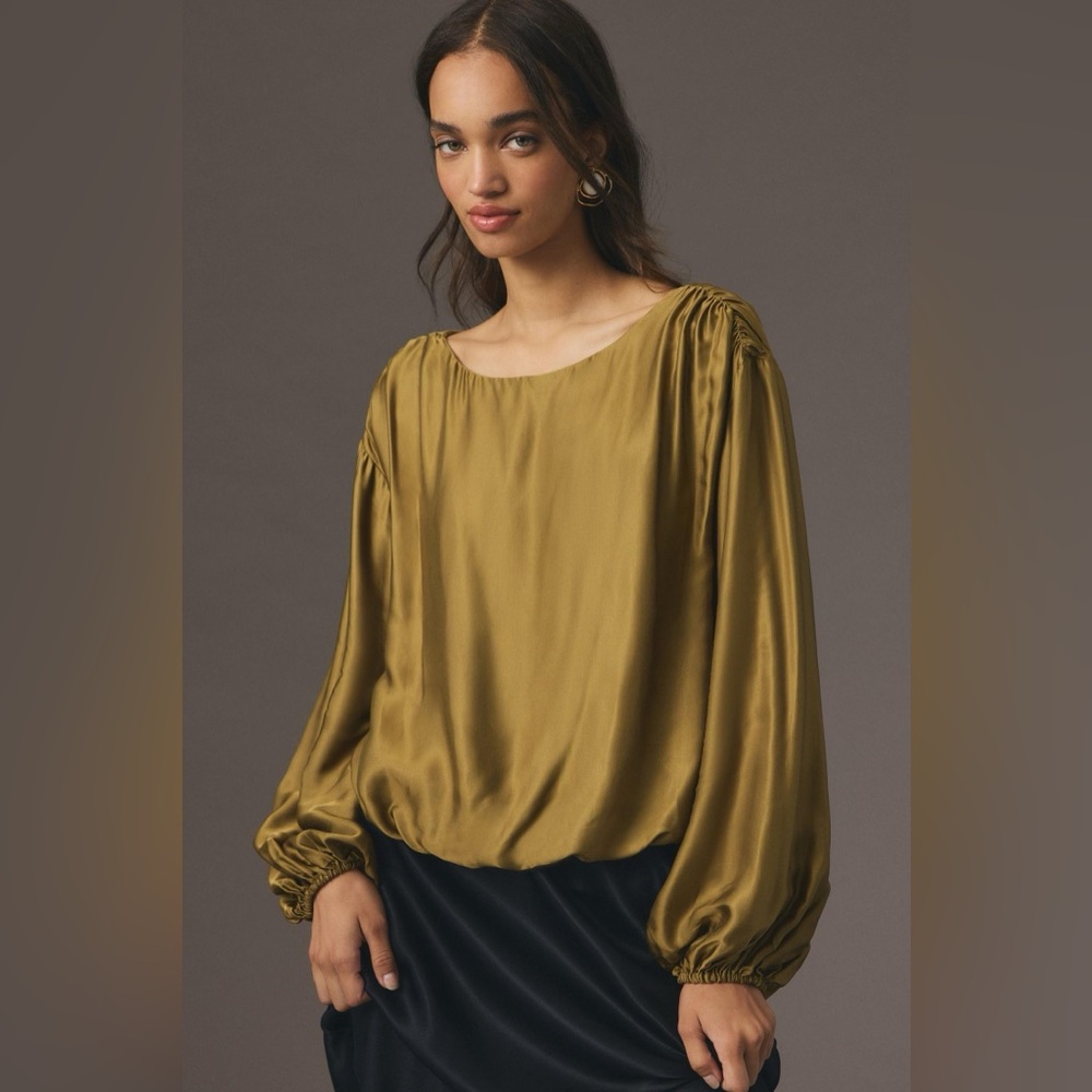 Anthropologie Balloon-Sleeve Silky Viscose Blouse Size Large New With Tags